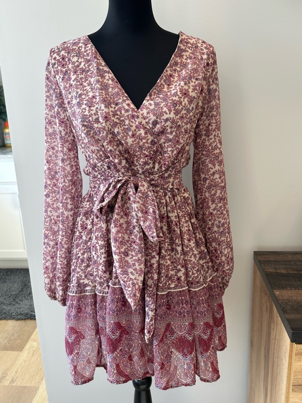 Japna Mauve Floral Wrap Long-Sleeve Mini Dress
